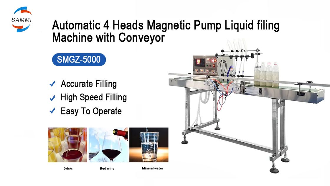 স্বয়ংক্রিয় চার মাথা চৌম্বকীয় পাম্প তরল ভরাট মেশিন ছোট স্কেল গ্লাসের জন্য পিইটি ফলের রস পানীয় দুধের বোতল ছোট ভরাট